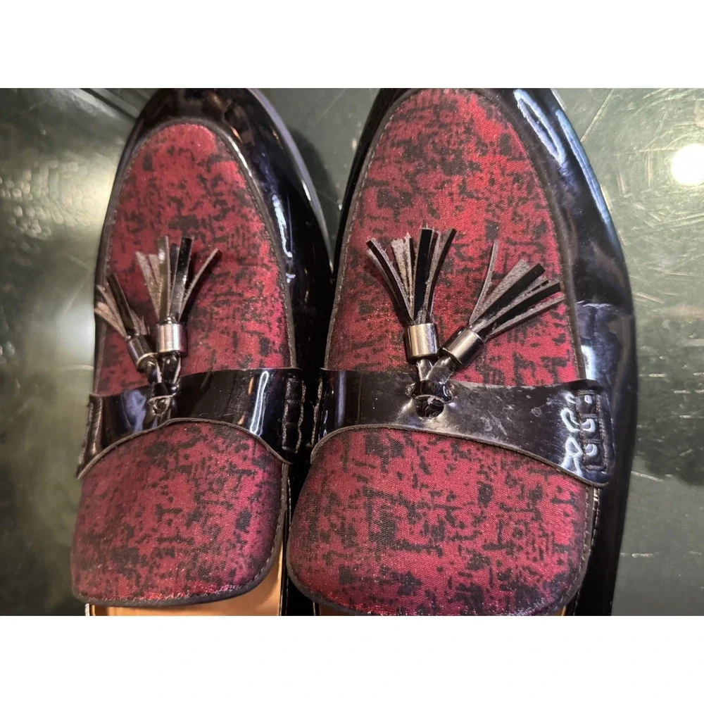 Jitai Mens 9 Black Red Shiny Faux Patent Leather Slide On Tassel Loafer Shoes